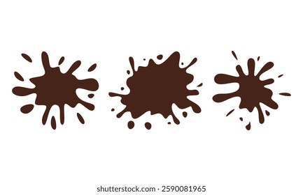 chocolate splash, flat chocolate splash. chocolate splash with drops, bubbles and blots. Melting liquid fluid crown drops. Isolated on white background. Vector illustration