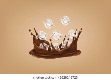 Chocolate splash with floating ice cubes on brown background in 3D realistic style.