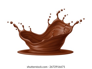 Chocolate splash and flow wave. Isolated realistic 3d vector cocoa crown splash swirl. Vector stream, brown liquid splashing with droplets, dynamic pouring element for food package promo ad design