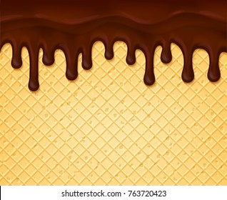 Chocolate splash flowing and dripping on waffle or wafer texture background. Vector dessert poster template of hot chocolate fondant splashes and drops for confectionery pastry and bakery cafe