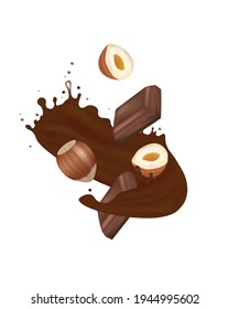 Chocolate splash with hazelnuts. vector illustration