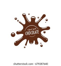 Chocolate splash icon for handmade choco dessert label or comfit candy product package template. Vector isolated splashing chocolate drops and drips for patisserie or confectionery design