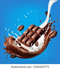 Chocolate splash Milk coffee with clipping path, 3D vector Illustration, Dark Chocolate splash or Syrup Flowing,