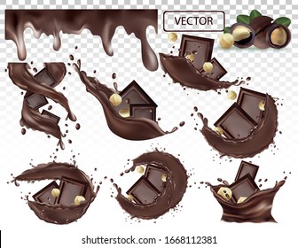 Chocolate splash with nuts macadamia. Piece chocolate with drops on transparent background. Chocolate paste. Cocoa. Chocolate bar. Set realistic vector illustration.