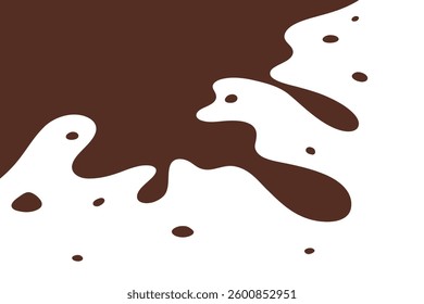 Chocolate splash on a white background, streaks, splashes, drops, vector illustration, flat design, hand-drawn. Abstract background drawing for background, design, cover, label with space for text