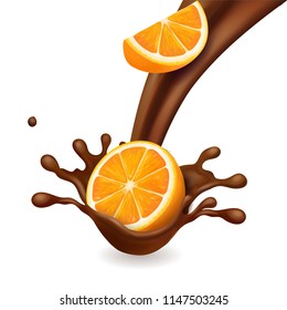 Chocolate splash with orange fruit realistic illustration