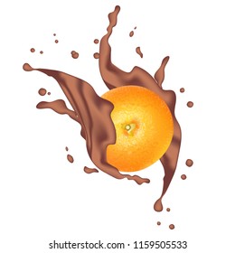 Chocolate splash with orange. Milk chocolate, cacao. 3d realistic orange ripe citrus isolated on white background for packaging or web design. Vector EPS 10. 