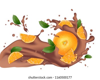 Chocolate splash with orange. Milk chocolate, cacao, coffee. 3d realistic orange slices ripe citrus isolated on white background for packaging or web design. Vector EPS 10.