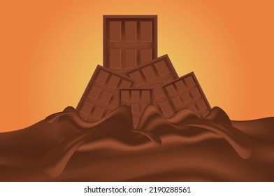 chocolate splash, piece of chocolate, orange background, food and drink realistic food object vector illustration (sweets and snacks)
