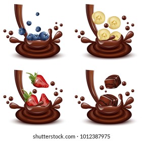 Chocolate splash set with different fruits mix Vector realistic