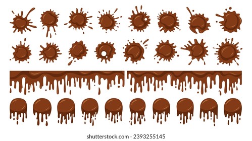 Chocolate splash and splatter cartoon set. Stain coffee or cocoa splat liquids drop icon flat splatter. Different chocolate splashes and drops drips down shape collection. Isolated vector illustration