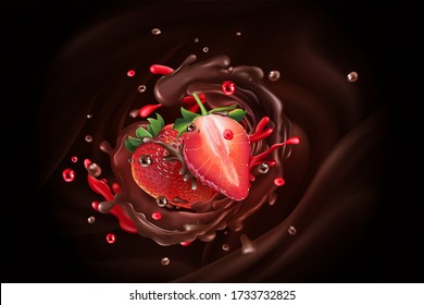 Chocolate splash with strawberries on a chocolate background.