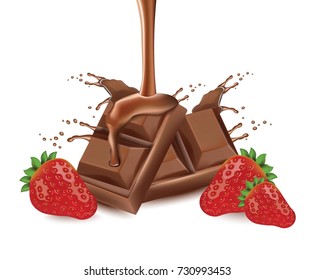 Chocolate splash and strawberry Vector realistic isolated on white background