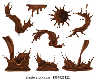 Chocolate splash swirl and drop realistic set isolated vector illustration