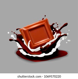 Chocolate in splash. Vector illustration.