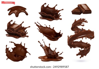 Chocolate splashes. 3d realistic vector set