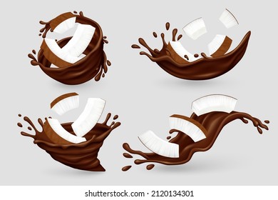 Chocolate splashes with coconut pieces isolated on gray background. Realistic vector illustration.