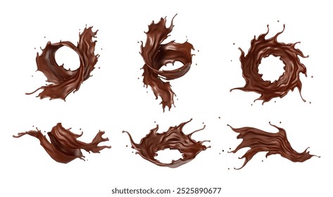 Chocolate splashes isolated on white background. 3D realistic vector set