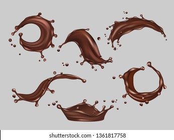 Chocolate splashes. Liquid cacao food hot drink vector realistic template