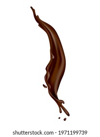 Chocolate splashes. Realistic drops or swirl flow on white background. Vector liquid cacao food, hot drink template. Delicious dark chocolate for confectionery desserts advertisement