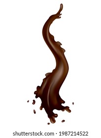 Chocolate splashes. Realistic drops or swirl flow on white background. Vector liquid cacao food, hot drink template. Delicious dark chocolate for confectionery desserts advertisement