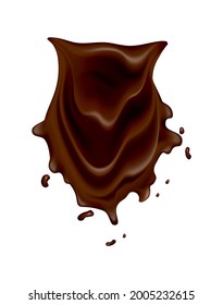 Chocolate salpicado. Las gotas realistas o el movimiento giratorio fluyen sobre fondo blanco. Comida de cacao líquida vectorial, plantilla de bebida caliente. Delicioso chocolate negro para postres de repostería