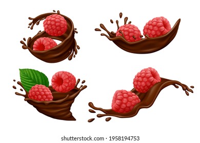 Chocolate splashes with red raspberry fruits and green leaf isolated on white background. Realistic vector illustration.