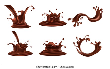 Chocolate splashes set. Cocoa drink, coffee, brown thick liquid splashing, pouring, spill, in motion. Realistic design beverage drops, swirl, mock up for product advertising and marketing. Vector.