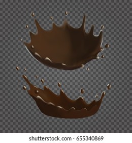 Chocolate splashes set on transparent background. Realistic 3d vector illustration