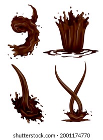 Chocolate salpicado con gotas realistas y corrientes de remolinos sobre fondo blanco. Comida de cacao líquida vectorial, plantilla de bebida caliente. Delicioso chocolate negro para postres de repostería