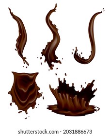 Chocolate splashes set of realistic drops and swirl flows on white background. Vector liquid cacao food, hot drink template. Delicious dark chocolate for confectionery desserts advertisement