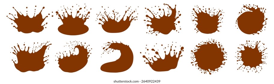 Chocolate splashes and spills. Flat splashes, blots and drops of dark liquid chocolate, crown, wave or circle shaped. Can be use for logo, emblem, label, sign of organic products. Vector illustration