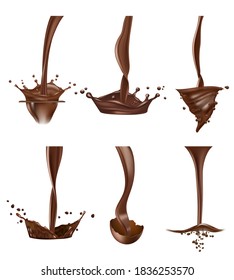 Chocolate salpicado. Stream líquido delicioso chocolate gotas salsa caliente vector realista