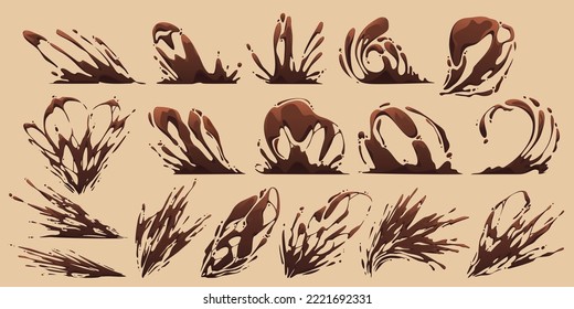 Chocolate splashes, swirls, hot liquid splatters vfx game effect. Cartoon 2d liquid drops, brown flow elements, explosion, burst, spatter blast, drip or ripple dynamic animation motion, Vector set