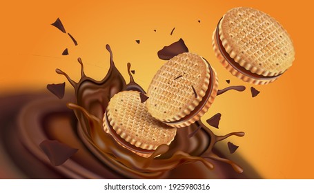 Chocolate salpicado con galletas de galletas de chocolate en el medio aislado en el fondo blanco, Vector realista en la ilustración 3d.