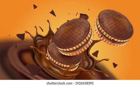 Chocolate splashing with chocolate biscuit cookies in the middle isolated on white background, Vector realistic in 3d illustration.