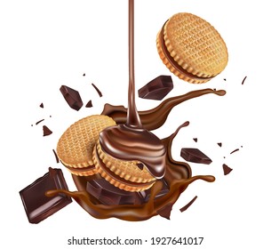Chocolate splashing with chocolate biscuit cookies packaging mock up in the middle isolated on white background, Vector realistic in 3d illustration.