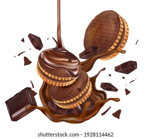 Chocolate salpicado con galletas de galletas de chocolate que se burlan en el medio aislado sobre fondo blanco, Vector realista en ilustración 3d.