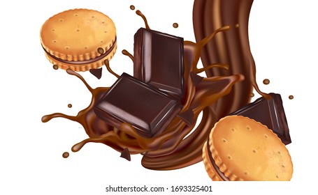 Chocolate splashing with biscuit chocolate in the middle isolated on white background, Vector realistic in 3d illustration.