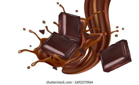 Chocolate splashing with dark chocolate in the middle isolated on white background, Vector realistic in 3d illustration.