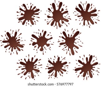Chocolate splashing with drops, blots; Splash of hot dark or milk chocolate from cacao; Vector icon and banner set Eps8; Version B