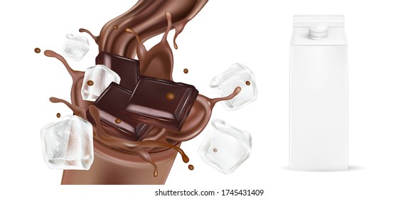 Chocolate splashing with ice cube and packaging  in the middle on glass isolated on solid color background, Vector realistic in 3d illustration. Food concept.