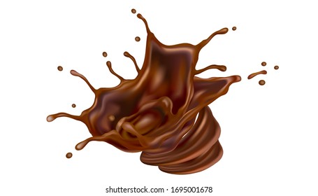 Chocolate splashing isolated on white background, Vector realistic in 3d illustration.