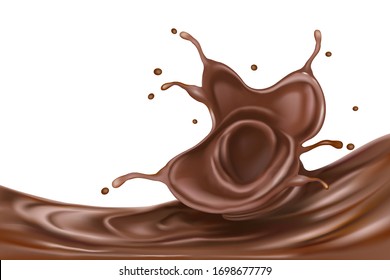 Chocolate splashing isolated on white background, Vector realistic in 3d illustration.