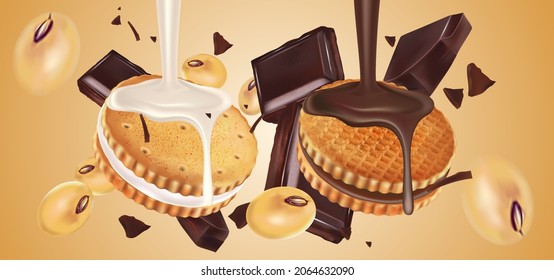 Chocolate splashing in the middle with Biscuits cookies isolated on solid color background, Vector realistic in 3d illustration.