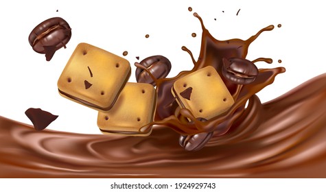Chocolate splashing in the middle with chocolate cookies isolated on white background, Vector realistic in 3d illustration.