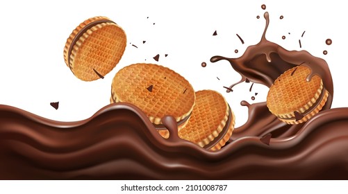 Chocolate splashing in the middle with chocolate cookies isolated on white background, Vector realistic in 3d illustration.