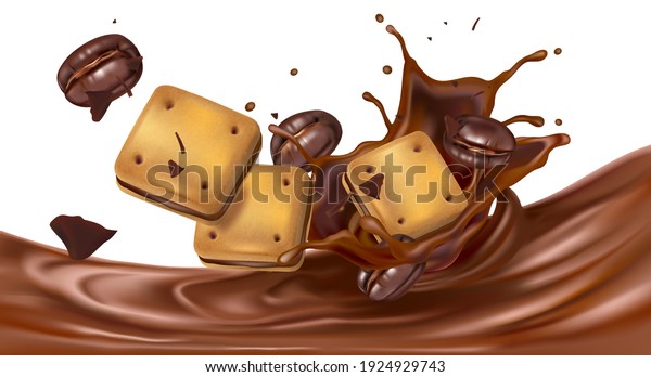 Chocolate splashing in the middle with\
chocolate cookies isolated on white background, Vector realistic in\
3d illustration.