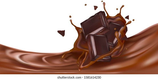 Chocolate splashing in the middle isolated on white background, Vector realistic in 3d illustration. Food concept.