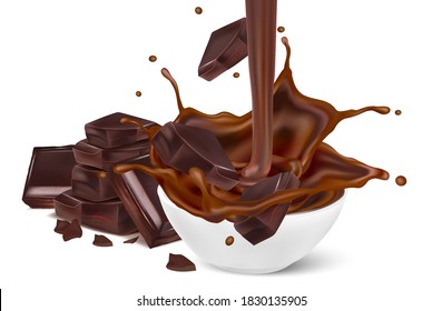 Chocolate splashing in the middle isolated on white background, Vector realistic in 3d illustration. Food concept.